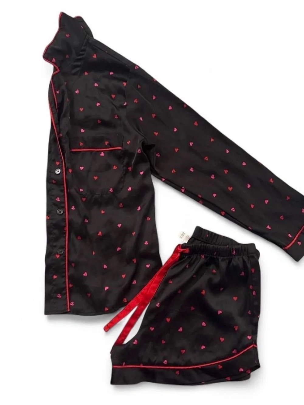 Black Satin Heart-Print Pajama Set with Red Accents